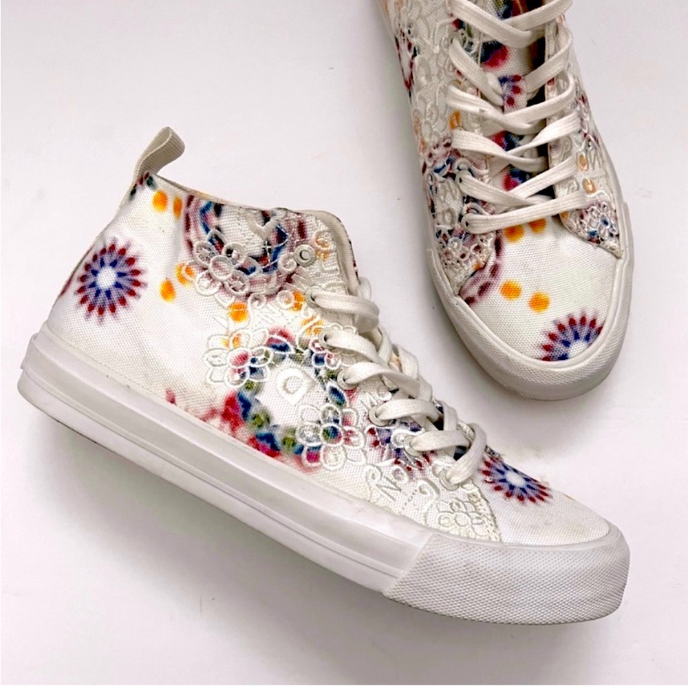 Desigual‎ Sneakers Boho Embroidered Tie-Dye Lace High Top White Canvas 9